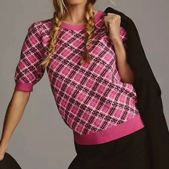 Maeve Anthropologie Jacquard Sweater Tee Womens XXS Pink Plaid Preppy Retro - Picture 1 of 5